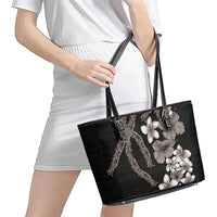 Hawaiian Tropical Flowers and Maile Pikake Leather Tote Bag Polynesian Tribal Pattern Grayscale Mode