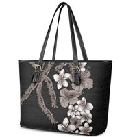 Hawaiian Tropical Flowers and Maile Pikake Leather Tote Bag Polynesian Tribal Pattern Grayscale Mode