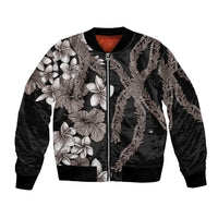 Hawaiian Tropical Flowers and Maile Pikake Sleeve Zip Bomber Jacket Polynesian Tribal Pattern Grayscale Mode LT03 Unisex Black - Polynesian Pride