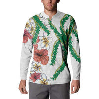 Hawaiian Tropical Flowers and Maile Pikake Button Sweatshirt Polynesian Tribal Pattern White Color