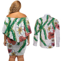 Hawaiian Tropical Flowers and Maile Pikake Couples Matching Off Shoulder Short Dress and Long Sleeve Button Shirt Polynesian Tribal Pattern White Color LT03 - Polynesian Pride