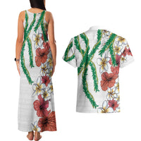 Hawaiian Tropical Flowers and Maile Pikake Couples Matching Tank Maxi Dress and Hawaiian Shirt Polynesian Tribal Pattern White Color LT03 - Polynesian Pride