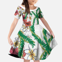 Hawaiian Tropical Flowers and Maile Pikake Family Matching Mermaid Dress and Hawaiian Shirt Polynesian Tribal Pattern White Color