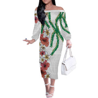 Hawaiian Tropical Flowers and Maile Pikake Family Matching Off The Shoulder Long Sleeve Dress and Hawaiian Shirt Polynesian Tribal Pattern White Color