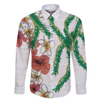 Hawaiian Tropical Flowers and Maile Pikake Family Matching Short Sleeve Bodycon Dress and Hawaiian Shirt Polynesian Tribal Pattern White Color LT03 Dad's Shirt - Long Sleeve White - Polynesian Pride