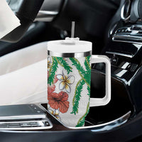 Hawaiian Tropical Flowers and Maile Pikake Tumbler With Handle Polynesian Tribal Pattern White Color