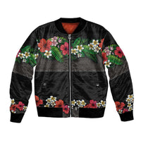 Hawaiian Tropical Flowers and Tribal Polynesian Tattoo Bomber Jacket Black Color LT03 Unisex Black - Polynesian Pride