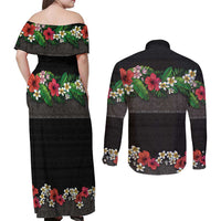 Hawaiian Tropical Flowers and Tribal Polynesian Tattoo Couples Matching Off Shoulder Maxi Dress and Long Sleeve Button Shirt Black Color LT03 - Polynesian Pride