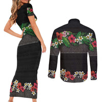 Hawaiian Tropical Flowers and Tribal Polynesian Tattoo Couples Matching Short Sleeve Bodycon Dress and Long Sleeve Button Shirt Black Color LT03 - Polynesian Pride