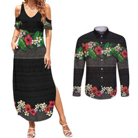 Hawaiian Tropical Flowers and Tribal Polynesian Tattoo Couples Matching Summer Maxi Dress and Long Sleeve Button Shirt Black Color LT03 Black - Polynesian Pride