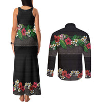 Hawaiian Tropical Flowers and Tribal Polynesian Tattoo Couples Matching Tank Maxi Dress and Long Sleeve Button Shirt Black Color LT03 - Polynesian Pride