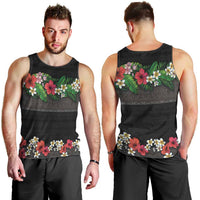 Hawaiian Tropical Flowers and Tribal Polynesian Tattoo Men Tank Top Black Color