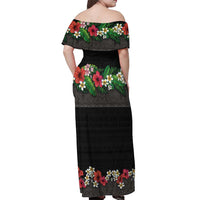 Hawaiian Tropical Flowers and Tribal Polynesian Tattoo Off Shoulder Maxi Dress Black Color