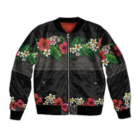 Hawaiian Tropical Flowers and Tribal Polynesian Tattoo Sleeve Zip Bomber Jacket Black Color LT03 Unisex Black - Polynesian Pride