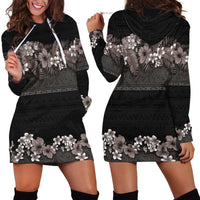 Hawaiian Tropical Flowers and Tribal Polynesian Tattoo Hoodie Dress Grayscale Mode