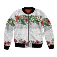 Hawaiian Tropical Flowers and Tribal Polynesian Tattoo Bomber Jacket White Color LT03 Unisex White - Polynesian Pride