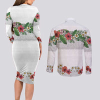 Hawaiian Tropical Flowers and Tribal Polynesian Tattoo Couples Matching Long Sleeve Bodycon Dress and Long Sleeve Button Shirt White Color LT03 - Polynesian Pride