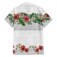Hawaiian Tropical Flowers and Tribal Polynesian Tattoo Family Matching Off Shoulder Maxi Dress and Hawaiian Shirt White Color
