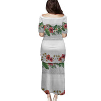 Hawaiian Tropical Flowers and Tribal Polynesian Tattoo Family Matching Puletasi and Hawaiian Shirt White Color