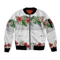 Hawaiian Tropical Flowers and Tribal Polynesian Tattoo Sleeve Zip Bomber Jacket White Color LT03 Unisex White - Polynesian Pride