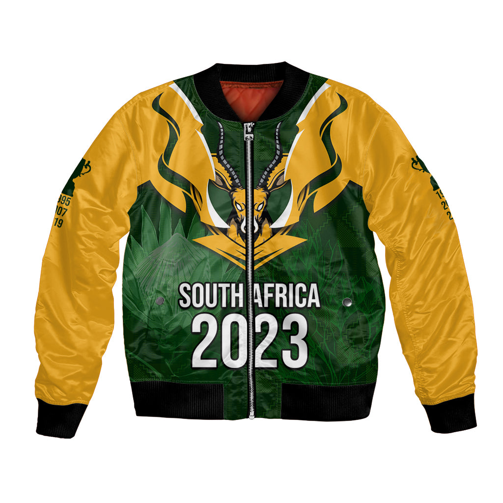 Personalised South Africa Rugby Bomber Jacket Springbok Mascot History Champion World Rugby 2023 LT03 Unisex Green - Polynesian Pride