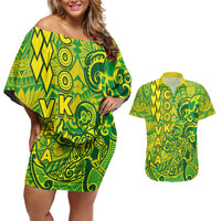 Cook Islands Vaa Polynesian Art Tattoo Couples Matching Off Shoulder Short Dress and Hawaiian Shirt National Color