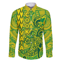 Cook Islands Va'a Polynesian Art Tattoo Family Matching Long Sleeve Bodycon Dress and Hawaiian Shirt National Color LT03 Dad's Shirt - Long Sleeve Green - Yellow - Polynesian Pride