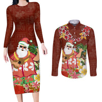 Hawaii Honu Mele Kalikimaka Couples Matching Long Sleeve Bodycon Dress and Long Sleeve Button Shirt Santa Tropical Flower Aloha Summer Red Version LT03 Red - Polynesian Pride