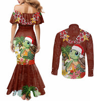 Hawaii Honu Mele Kalikimaka Couples Matching Mermaid Dress and Long Sleeve Button Shirt Santa Tropical Flower Aloha Summer Red Version LT03 - Polynesian Pride