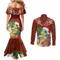 Hawaii Honu Mele Kalikimaka Couples Matching Mermaid Dress and Long Sleeve Button Shirt Santa Tropical Flower Aloha Summer Red Version LT03 - Polynesian Pride
