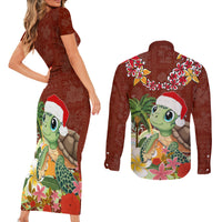 Hawaii Honu Mele Kalikimaka Couples Matching Short Sleeve Bodycon Dress and Long Sleeve Button Shirt Santa Tropical Flower Aloha Summer Red Version LT03 - Polynesian Pride