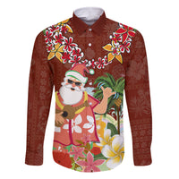 Hawaii Honu Mele Kalikimaka Family Matching Off Shoulder Long Sleeve Dress and Hawaiian Shirt Santa Tropical Flower Aloha Summer Red Version LT03 Dad's Shirt - Long Sleeve Red - Polynesian Pride