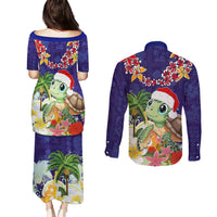 Hawaii Honu Mele Kalikimaka Couples Matching Puletasi Dress and Long Sleeve Button Shirt Santa Tropical Flower Aloha Summer Blue Version LT03 - Polynesian Pride