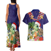 Hawaii Honu Mele Kalikimaka Couples Matching Tank Maxi Dress and Hawaiian Shirt Santa Tropical Flower Aloha Summer Blue Version LT03 - Polynesian Pride