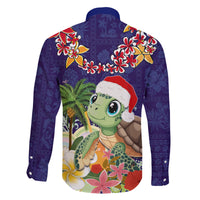 Hawaii Honu Mele Kalikimaka Family Matching Long Sleeve Bodycon Dress and Hawaiian Shirt Santa Tropical Flower Aloha Summer Blue Version LT03 - Polynesian Pride