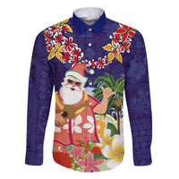 Hawaii Honu Mele Kalikimaka Family Matching Mermaid Dress and Hawaiian Shirt Santa Tropical Flower Aloha Summer Blue Version LT03 Dad's Shirt - Long Sleeve Blue - Polynesian Pride