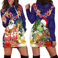 Hawaii Honu Mele Kalikimaka Hoodie Dress Santa Tropical Flower Aloha Summer Blue Version LT03 - Polynesian Pride