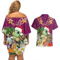 Hawaii Honu Mele Kalikimaka Couples Matching Off Shoulder Short Dress and Hawaiian Shirt Santa Tropical Flower Aloha Summer Pink Version LT03 - Polynesian Pride