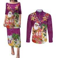 Hawaii Honu Mele Kalikimaka Couples Matching Puletasi Dress and Long Sleeve Button Shirt Santa Tropical Flower Aloha Summer Pink Version LT03 Pink - Polynesian Pride