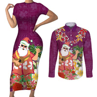Hawaii Honu Mele Kalikimaka Couples Matching Short Sleeve Bodycon Dress and Long Sleeve Button Shirt Santa Tropical Flower Aloha Summer Pink Version LT03 Pink - Polynesian Pride