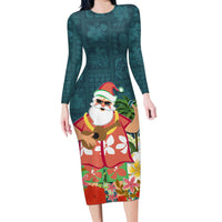 Hawaii Honu Mele Kalikimaka Family Matching Long Sleeve Bodycon Dress and Hawaiian Shirt Santa Tropical Flower Aloha Summer Turquoise Version LT03 Mom's Dress Turquoise - Polynesian Pride