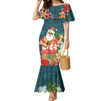 Hawaii Honu Mele Kalikimaka Family Matching Mermaid Dress and Hawaiian Shirt Santa Tropical Flower Aloha Summer Turquoise Version LT03 Mom's Dress Turquoise - Polynesian Pride