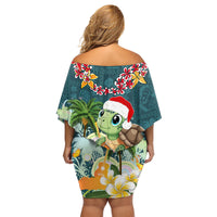 Hawaii Honu Mele Kalikimaka Family Matching Off Shoulder Short Dress and Hawaiian Shirt Santa Tropical Flower Aloha Summer Turquoise Version LT03 - Polynesian Pride