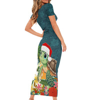 Hawaii Honu Mele Kalikimaka Family Matching Short Sleeve Bodycon Dress and Hawaiian Shirt Santa Tropical Flower Aloha Summer Turquoise Version LT03 - Polynesian Pride
