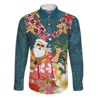 Hawaii Honu Mele Kalikimaka Family Matching Tank Maxi Dress and Hawaiian Shirt Santa Tropical Flower Aloha Summer Turquoise Version LT03 Dad's Shirt - Long Sleeve Turquoise - Polynesian Pride