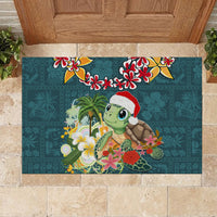 Hawaii Honu Mele Kalikimaka Rubber Doormat Santa Tropical Flower Aloha Summer Turquoise Version LT03 - Polynesian Pride