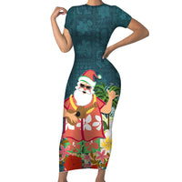 Hawaii Honu Mele Kalikimaka Short Sleeve Bodycon Dress Santa Tropical Flower Aloha Summer Turquoise Version LT03 Long Dress Turquoise - Polynesian Pride