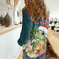 Hawaii Honu Mele Kalikimaka Women Casual Shirt Santa Tropical Flower Aloha Summer Turquoise Version LT03 - Polynesian Pride