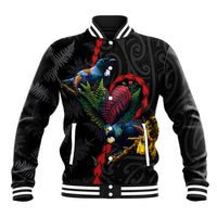 New Zealand Tui Birds Love Couple Baseball Jacket The Heart of Silver Fern Leaves and Maori Tattoo Pattern