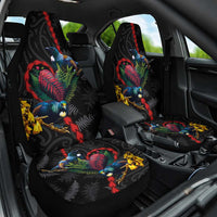 New Zealand Tui Birds Love Couple Car Seat Cover The Heart of Silver Fern Leaves and Maori Tattoo Pattern